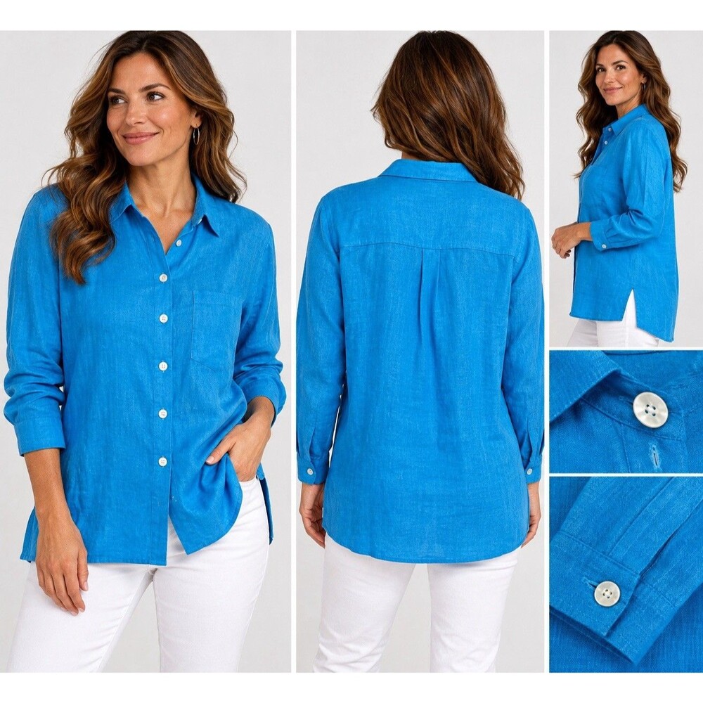 Chico’s Design Women’s Size 2 Blue 100% Linen Button Down Shirt Tunic Long Sleev